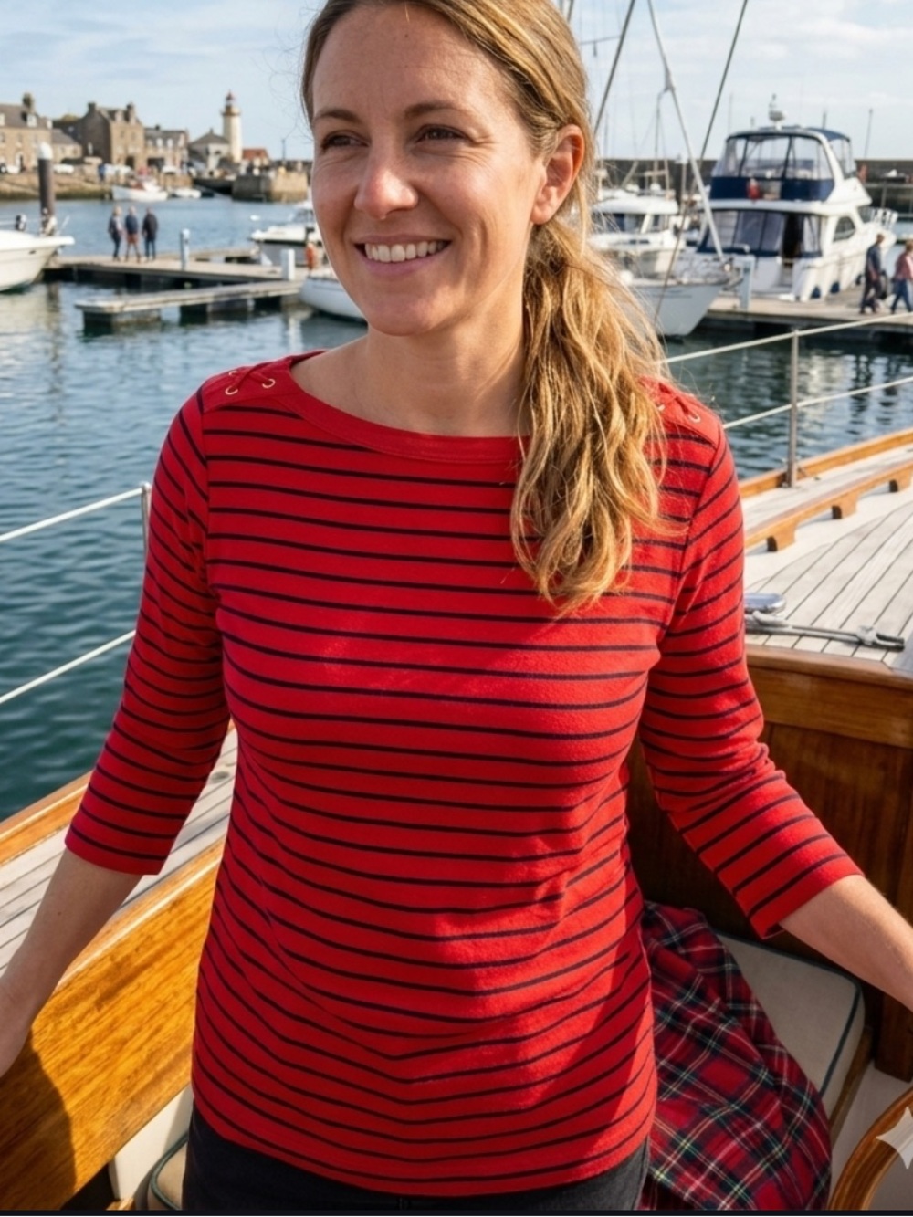 Lauren Ralph Lauren Red and Black Striped Boatneck 3/4 Sleeve Top nwt xl